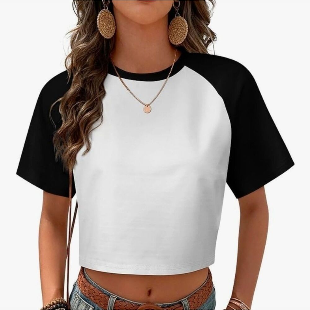 Black White Raglan Crop Top  crop Tee, New!!! Size-Youth XXL